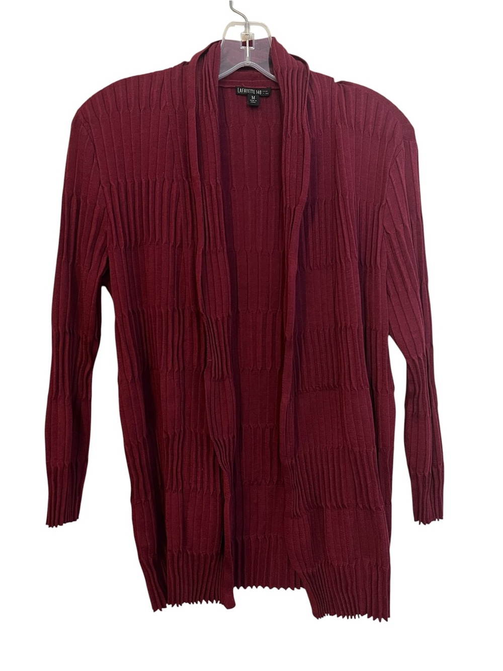 Lafayette 148 100% Silk Cardigan M Burgundy Red Ribbed Open Front Luxury